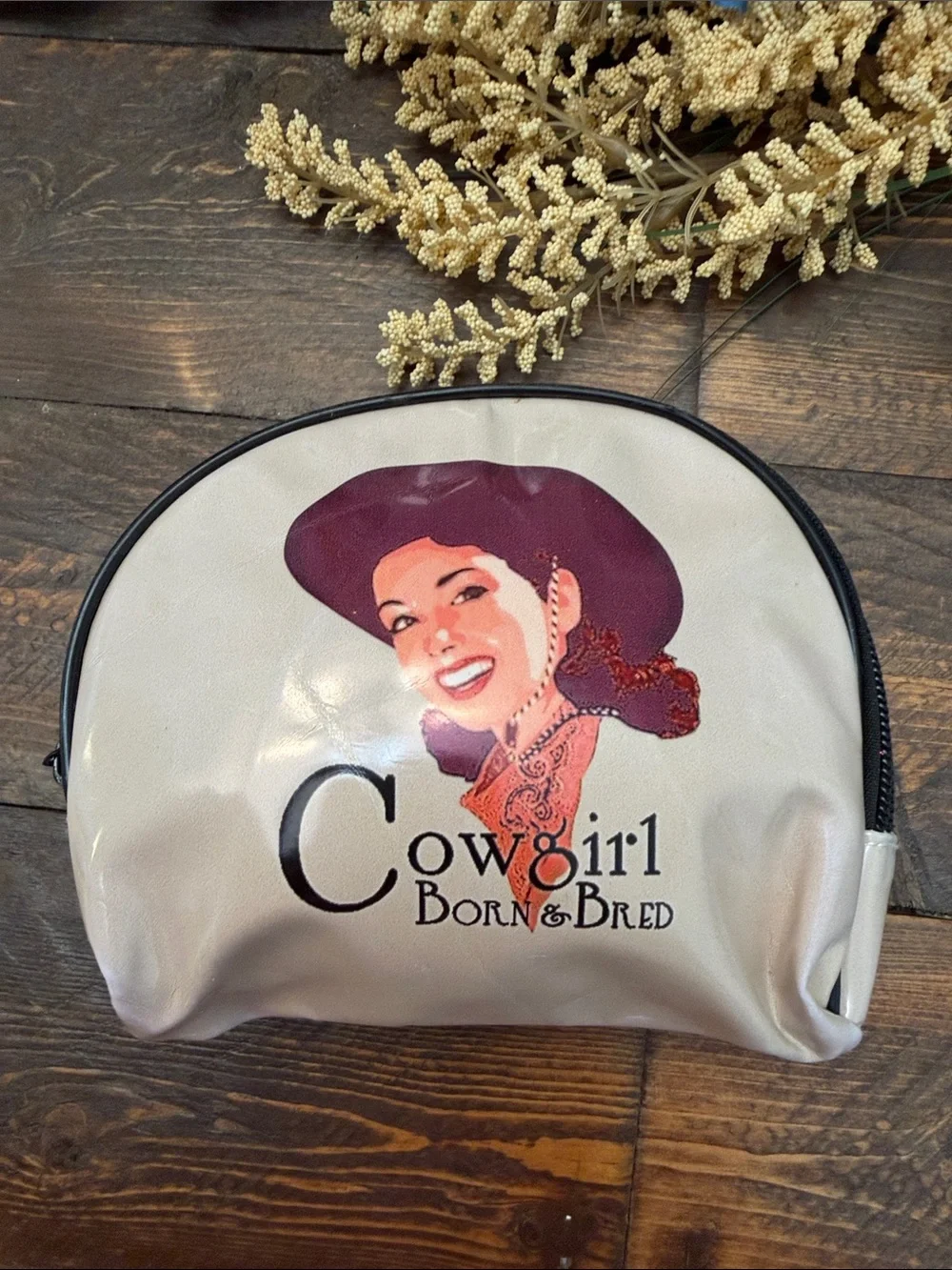 Vintage Style Cowgirl Born & Bred Dome Cosmetic Bag Makeup Pouch Western Retro